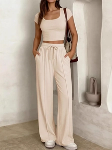 Ensemble Haut Et Bas en Tricot Côtelé pour Femmes Couleur Unie T-Shirt Court Manches Courtes Pantalon Large Taille Haute Cordon Décontracté Été