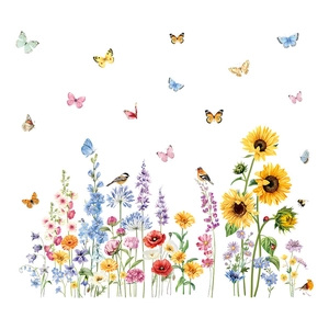 Vibrant sunflower and butterfly PVC wall decals with watercolor floral garden designs
