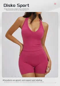 Detail of rose red high-stretch sports bra with V-neck cross straps and high-waist shorts