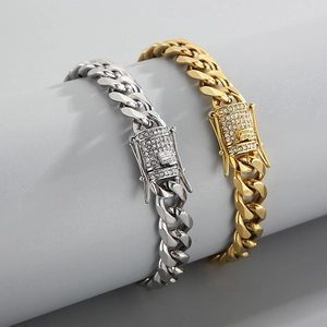 Men Hip Hop Stainless Steel Cuban Link Bracelet With Iced Out Rhinestone Clasp Gold Silver Plated Streetwear Fashion Jewelry