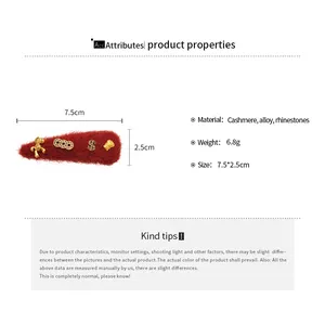 Detailed size chart for red cashmere hair clip with alloy and rhinestone charms