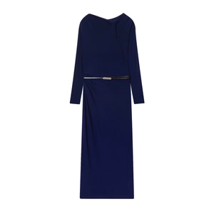 Elegant Navy Blue Maxi Dress Polyester Pleated Long Sleeve Belted Asymmetric Round Neck Slim Fit Evening Party Formal