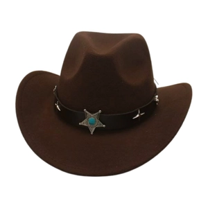 Detail of dark brown felt cowboy hat featuring a black belt and silver star concho
