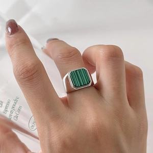 925 Sterling Silver Ring With Rectangular Green Malachite Simple Geometric Texture Minimalist Modern Unisex Jewelry