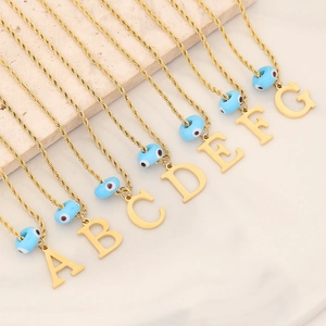 Alphabet Initial Pendant Necklace Stainless Steel With Blue Evil Eye Bead Twisted Rope Chain Trendy Jewelry For Women