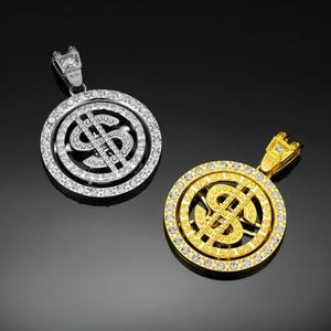 Detail of rotating gold and silver dollar pendants with sparkling rhinestones and 925 mark