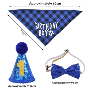 Detailed view of blue pet birthday set with sequined hat, bow tie, and plaid bandana