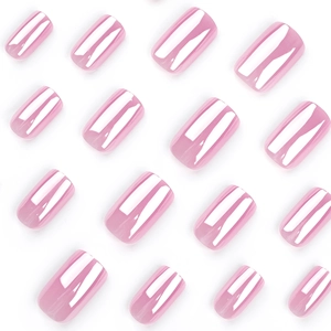 Short square chrome pink press-on nails with metallic mirror finish in a 16-piece set