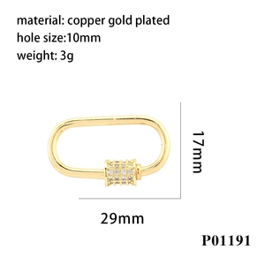 Macro detail of 18K gold plated oval screw clasp with micro-set diamonds and measurements