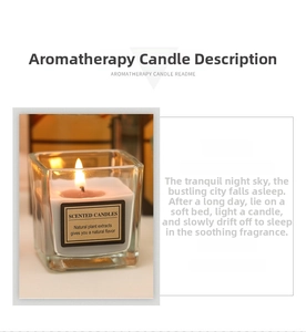 Close-up of a burning scented candle in a glass jar with natural plant extracts label