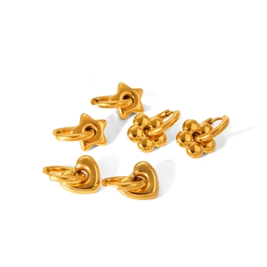 Three-piece set of golden stainless steel hoop earrings with star, flower, and heart pendants