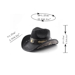 Detailed view of black cowboy hat featuring embossed band and vintage metal buckle