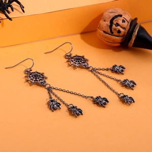 Halloween Gothic Spider Web Dangle Earrings Black Alloy And Stainless Steel Post Long Chain Tassel Punk Spider Ear Hook