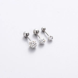 Three sizes of shiny silver titanium steel screw back earrings with crystal balls
