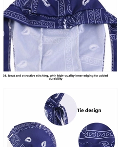 Detailed view of reinforced stitching and paisley pattern on blue cycling headwrap