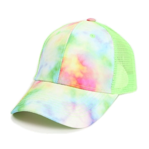 Detail of colorful tie-dye baseball cap with neon green breathable mesh back and stitching
