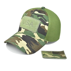 Detail of woodland camo baseball cap with USA patch and breathable mesh back panel