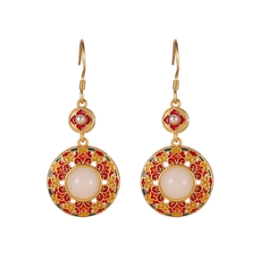 Retro hollow enamel flower earrings with white faux jade beads and gold hooks