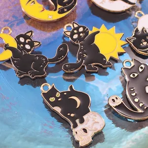 Halloween black cat and skull alloy enamel charms for DIY jewelry making and crafts