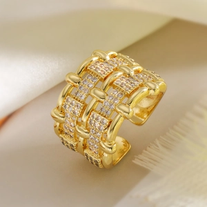 18K gold plated wide braided mesh open ring featuring shimmering micro zircon stones