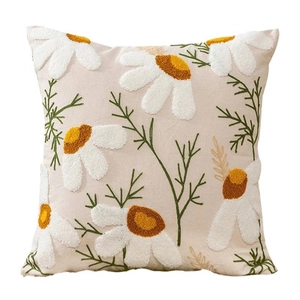 Luxury American pastoral style beige throw pillow with daisy floral embroidery