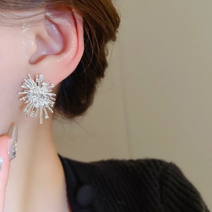 Macro detail of silver needle fireworks stud earrings with sparkling rhinestones