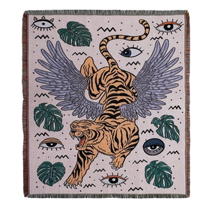 Artistic bohemian woven tiger blanket with purple wings and tropical leaves fringes