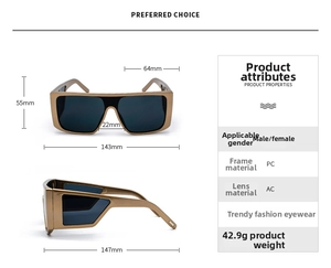 Detailed size specifications of oversized square bronze sunglasses with PC frame and AC lens
