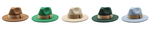 Flat lay detail showing five wool felt fedora hats with satin bands and metal badges