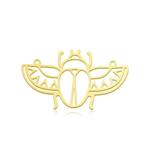 Detailed macro view of a golden stainless steel scarab beetle pendant with hollow design