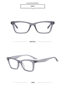 Detail view of grey acetate square sunglasses frame EN98320 showing front and side profile