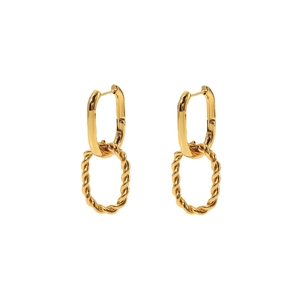 Minimalist twisted rope dangle earrings in gold finish with interlocking rectangular hoops