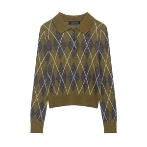 Women Argyle Knitted Polo Sweater Long Sleeve Button Up Turn Down Collar Retro Preppy Cropped Pullover Top