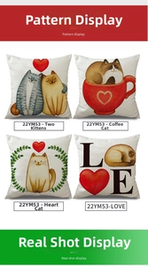 Close-up of four linen pillowcase designs featuring hand-drawn cartoon cats and hearts