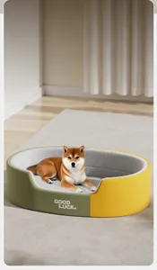 Detail view of thickened oval deep sleep dog nest in olive green and yellow with soft velvet