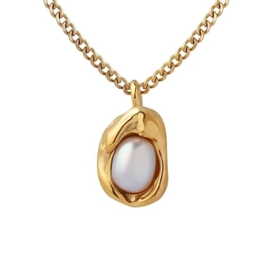 Vintage irregular golden bean pearl necklace with a minimalist organic metal pendant