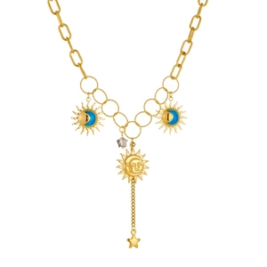 Gold stainless steel necklace with sun moon pendants and star tassels on white background