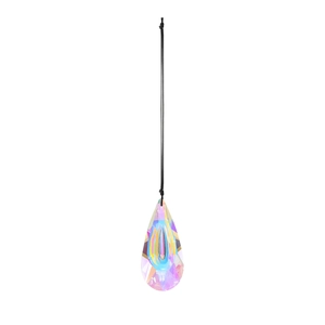 Teardrop crystal suncatcher with AB iridescent facets on a simple black cord