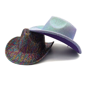 Sparkly western cowboy hats with colorful glitter and iridescent sequin finish in wide brim