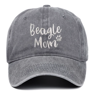Vintage gray washed cotton baseball cap with Beagle Mom embroidery and dog paw motif