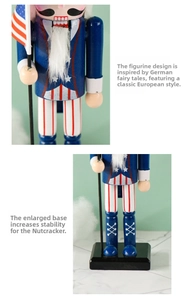 Detail of 25cm wooden nutcracker soldier with US flag and stable wide black base