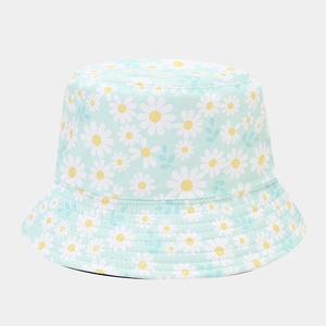 Detailed view of daisy pattern on mint green sun hat with high-density stitching edges