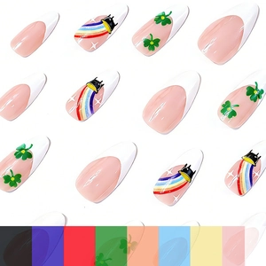 Long almond press-on nails with green shamrock, rainbow motifs and white French tips