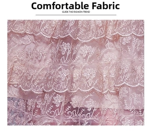 Detailed close-up of pale pink lace embroidery and layered ruffles on a tiered dress