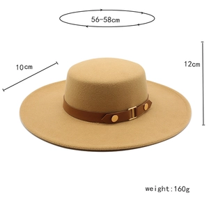 Detail view of camel wool flat top boater hat with dimensions and leather belt buckle strap