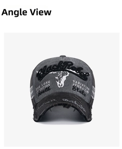 Detailed close-up of distressed vintage baseball cap with BlackRebel 3D embroidery texture