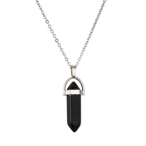 Silver necklace with a hexagonal black crystal stone pendant on a white background