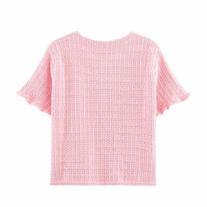Close-up of pink knit short-sleeve top showing fine texture and clean back view