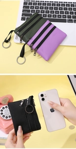 Mini porte-monnaie à trois fermetures éclair avec porte-clés en vert kaki, violet et noir