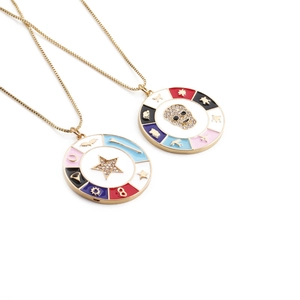 Round Pendant Necklace Gold Plated Copper Micro Pave Zircon Enamel Star And Skull Jewelry For Women